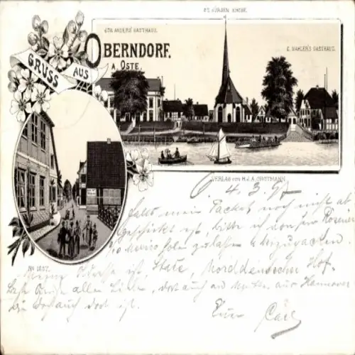 Litho Oberndorf an der Oste, Gasthaus, St. Jürgen Kirche, Mahlers Gasthaus, Straßenpartie