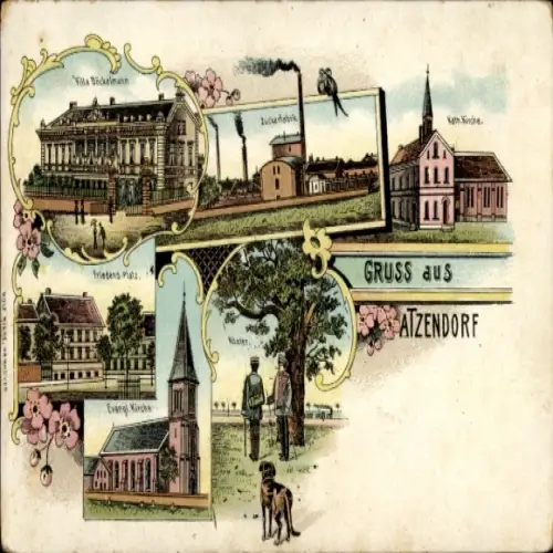 Litho Atzendorf Staßfurt im Salzlandkreis, Villa Böckelmann, Zuckerfabrik, Friedensplatz, Kirche