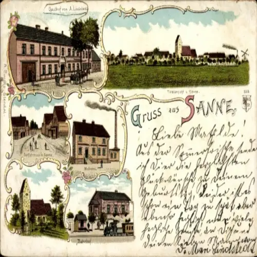 Litho Sanne Hassel Sachsen Anhalt, Gasthof, Dorfstraße, Molkerei, Bahnhof, Gesamtansicht