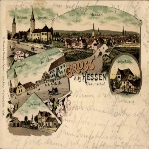 Litho Hessen Osterwieck im Kreis Harz, Bahnhof, Marktplatz, Schloss, Gasthof zur Weinschenke