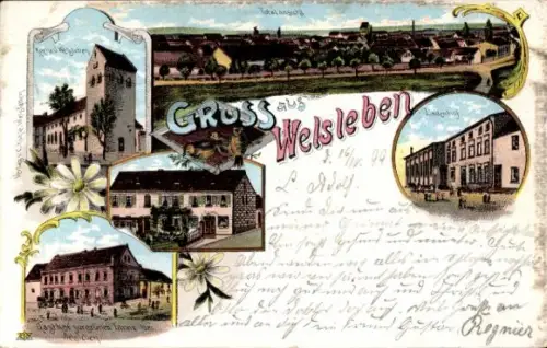 Litho Welsleben Bördeland im Salzlandkreis, Kirche, Gasthof, Gesamtansicht