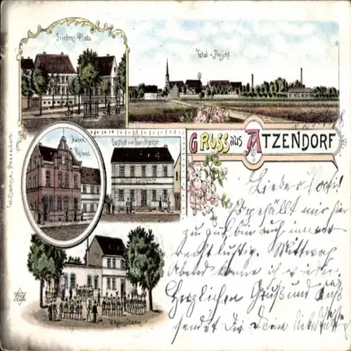 Litho Atzendorf Staßfurt im Salzlandkreis, Friedensplatz, Gasthof, Post, Gesamtansicht