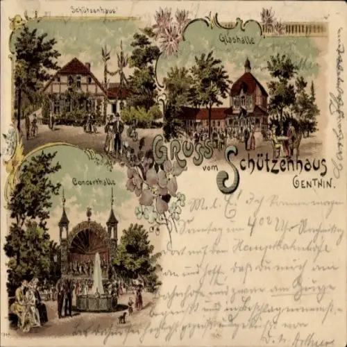 Litho Genthin am Elbe Havel Kanal, Schützenhaus, Konzerthalle, Glashalle