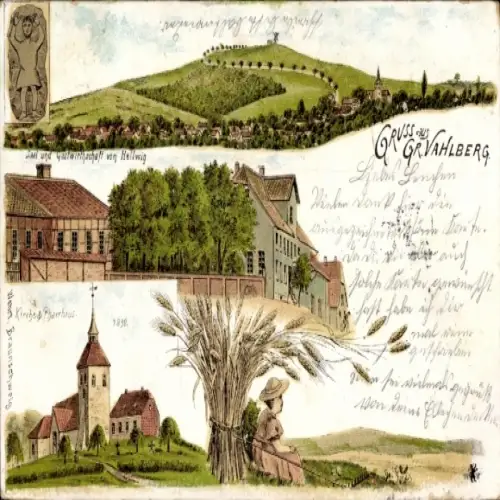 Litho Groß Vahlberg Niedersachsen, Gesamtansicht, Gutswirtschaft von Hellwig, Kirche, Pharrhaus