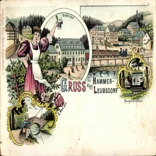 Litho Hammerleubsdorf Leubsdorf in Sachsen, Gasthof, Bergmännchen