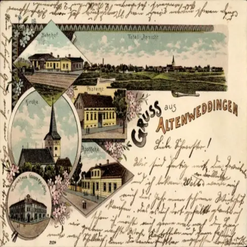 Litho Altenweddingen in Sachsen Anhalt, Gesamtansicht, Bahnhof, Post, Apotheke, Kirche