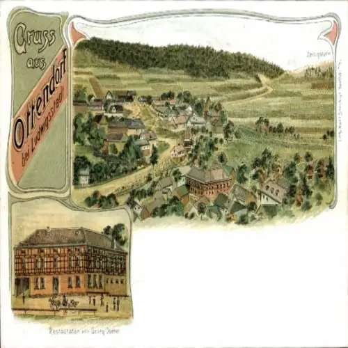 Litho Ottendorf Ludwigsstadt in Oberfranken, Gesamtansicht, Restauration von Georg Donner