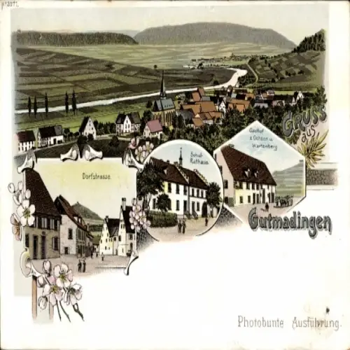 Litho Gutmadingen Geisingen im Kreis Tuttlingen, Dorfstraße, Gasthof Ochsen, Wartenberg, Rathaus