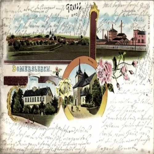 Litho Domersleben Wanzleben Börde in Sachsen Anhalt, Zuckerfabrik, Schule, Kirche