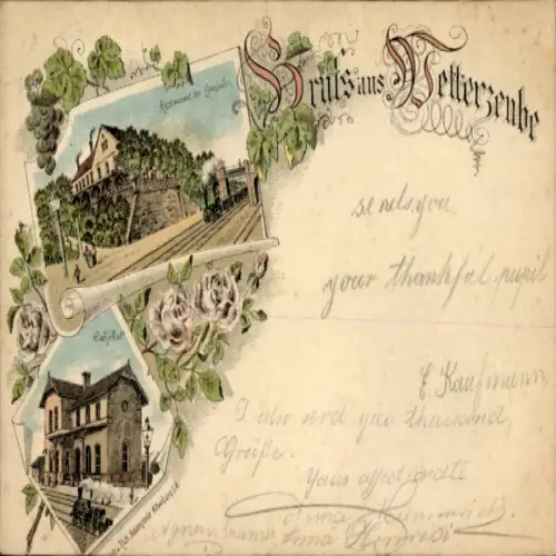 Litho Wetterzeube im Burgenlandkreis, Bahnhof Gleisseite, Restaurant zur Eisenbahn