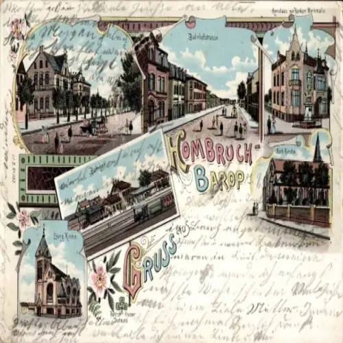 Litho Barop Dortmund im Ruhrgebiet, Bahnhofstraße, Kirchen, Bahnhof, Gleisansicht, Amtshaus