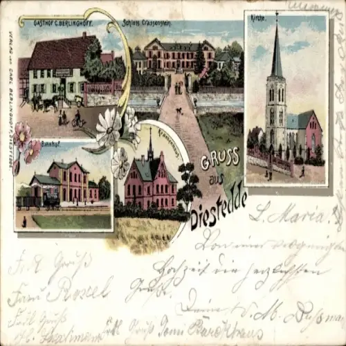 Litho Diestedde Wadersloh in Westfalen, Schloss Crassenstein, Gasthof, Bahnhof, Krankenhaus