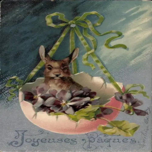 Litho Frohe Ostern, Osterhase in Eierschalenschaukel