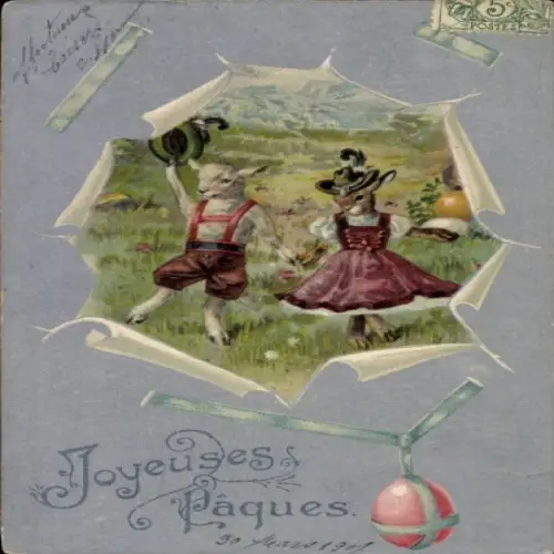 Ak Frohe Ostern, Osterhase und Lamm in Tracht