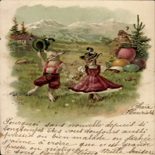 Litho Frohe Ostern, Osterhase im Tanz mit Zicklein, Tracht