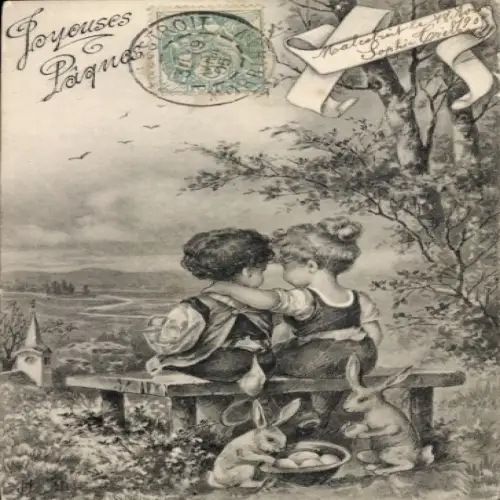 Litho Frohe Ostern, Osterhase im Tanz mit Zicklein, Tracht