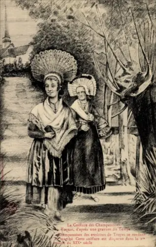 Künstler Ak Champenoises, zwei Frauen in traditioneller Tracht mit Kopfbedeckung