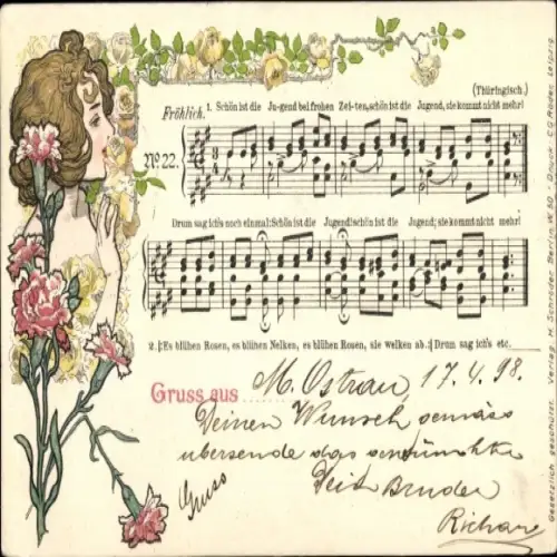 Jugendstil Lied Ak Fröhlich, Schön ist die Jugend..., Frau mit Blumen