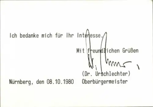 Ak Politiker Andreas Urschlechter, Oberbürgermeister von Nürnberg, Autogramm