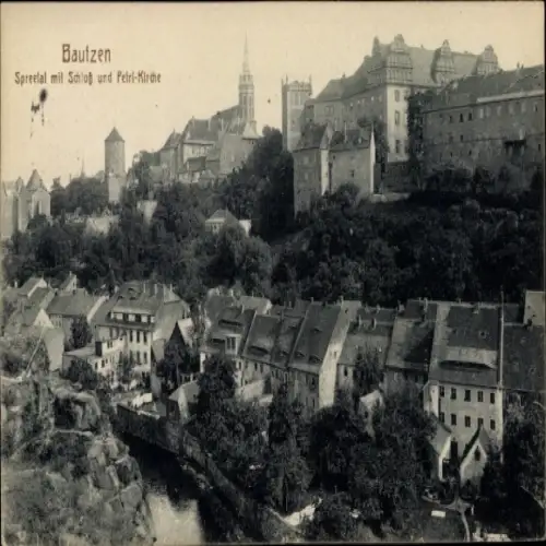 Ak Bautzen in der Oberlausitz, Spreel mit Schloss und Petri-Kirche,  Stadtansicht