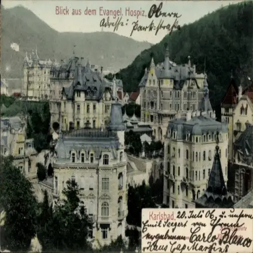 Ak Karlovy Vary Karlsbad Stadt, Blick aus dem evangelischen Hospiz