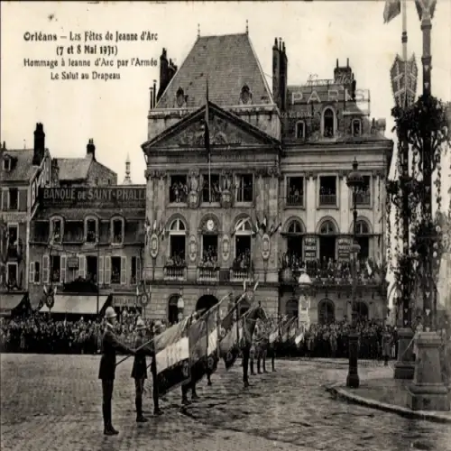 Ak Orléans Loiret, Feste zu Jeanne d'Arc, Militär mit Fahnen,  Gebäude, 1931