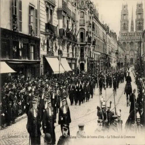 Ak Orléans Loiret, Festreigen, Jeanne d'Arc, Tribunal de Commerce, Menschenmenge