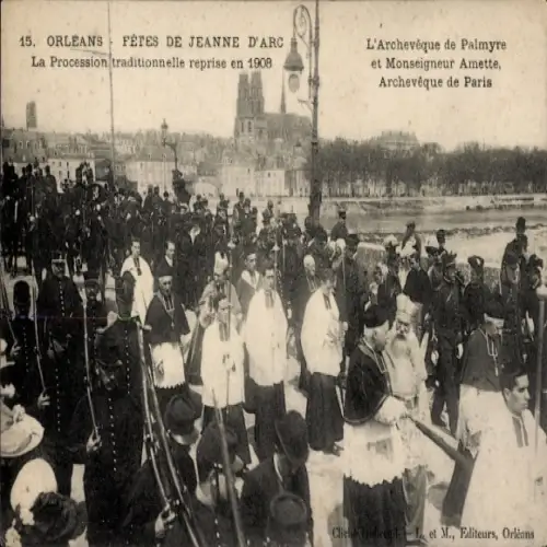 Ak Orléans Loiret, Prozession zu Jeanne d'Arc, Tradition, 1908, Ein Parade von Geistlichen