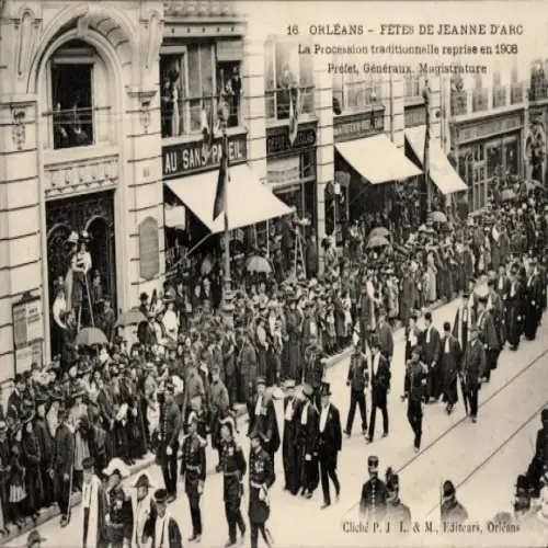 Ak Orléans Loiret, Feste von Jeanne d'Arc, traditionelle Prozession 1908, Menschenmenge, Gebäude