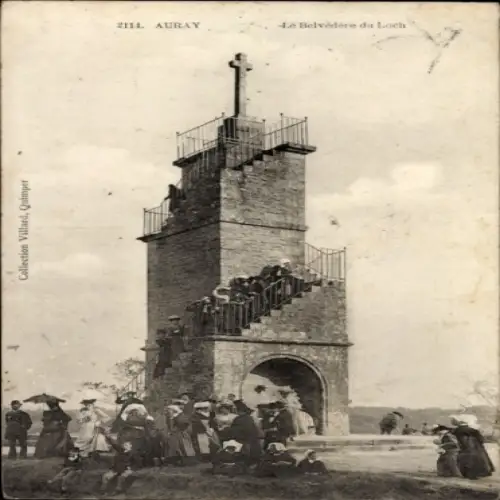 Ak Auray Morbihan, Belvédère du Loch, Treppe, Leute in n Kleidern, Landschaft