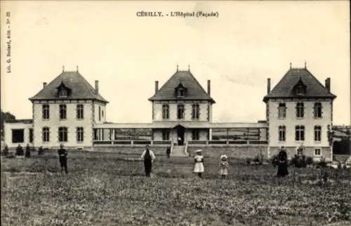 Ak Cérilly Allier, L'Hôpital,  Gebäude, drei Türme, Wiese, Personen