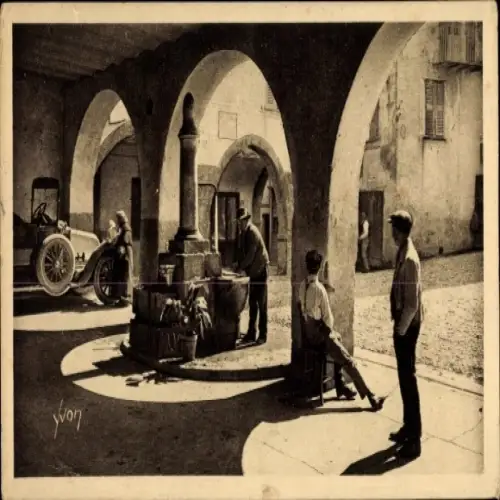 Ak Sospel Alpes Maritimes, Architektur, Fontäne, alte Gebäude, Auto, Menschen