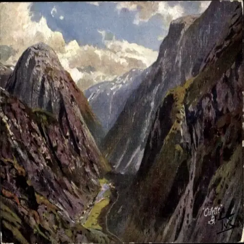 Künstler Ak Landschaftsbild, Tal, Berge
