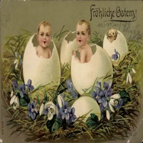 Präge Ak Fröhliche Ostern, Kinder und Küken schlüpfen aus Eiern