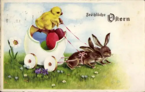 Ak Frohe Ostern, Küken mit Hasengespann