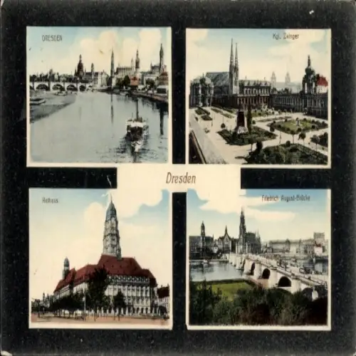 Ak Dresden Altstadt, Verschiedene Ansichten von  Rathaus, Kgl. Zwinger, Friedrich-August-Brücke