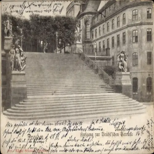 Ak Dresden Altstadt, Treppe zum Brühl'schen Terrassenufer, Skulpturen,  Architektur