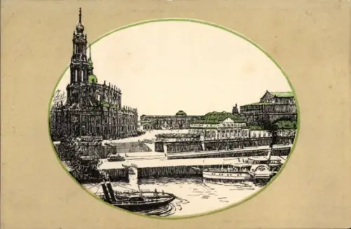 Ak Dresden Altstadt, Zeichnung der Elbe, Theaterplatz, italienisches Dörfchen, Schiffe