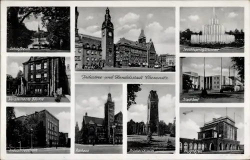 Ak Chemnitz in Sachsen, Schloßreich, Versteinerte Bäume, Industrie und Handelsstadt  Rathaus, Bis