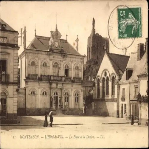 Ak Montbazon Indre-et-Loire, Hôtel-de-Ville, Platz, Donjon, Gebäude, Stadtansicht, Menschen