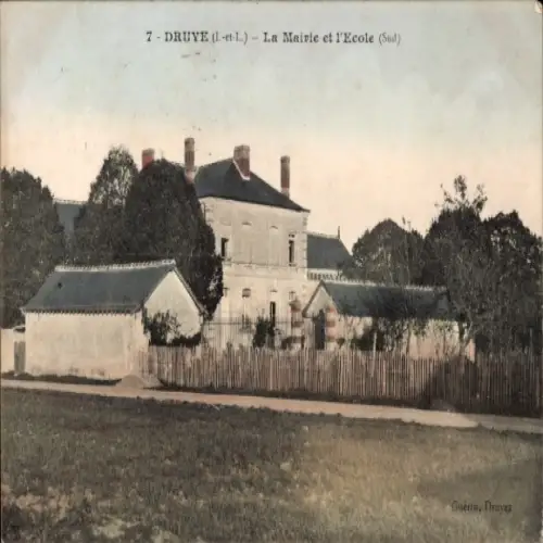 Ak Druyes Yonne, Mairie, Schule, Gebäude, Bäume, Landschaft