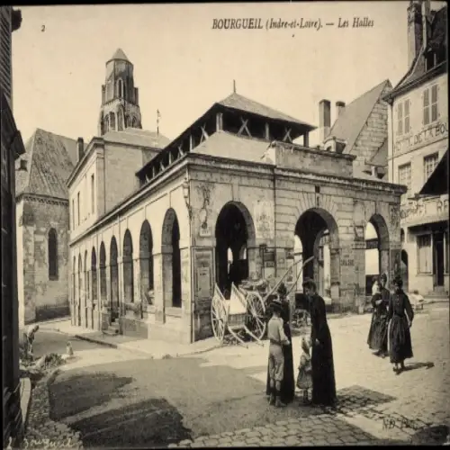 Ak Bourgueil Indre et Loire,  Les Halles, s Gebäude, Markt, Menschen