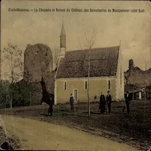 CPA Cluis Dessous Indre, Chapelle et Ruines du Château des Demoiselles de Montpensier