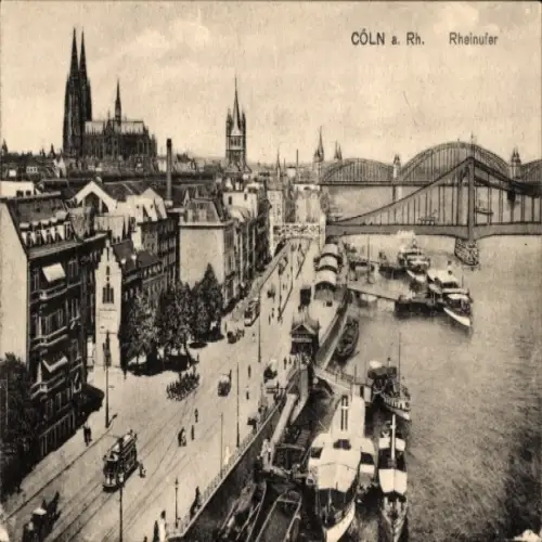 Ak Köln am Rhein, Rhein, Rheinufer, Brücke, Häuser, Personen, Schiffe