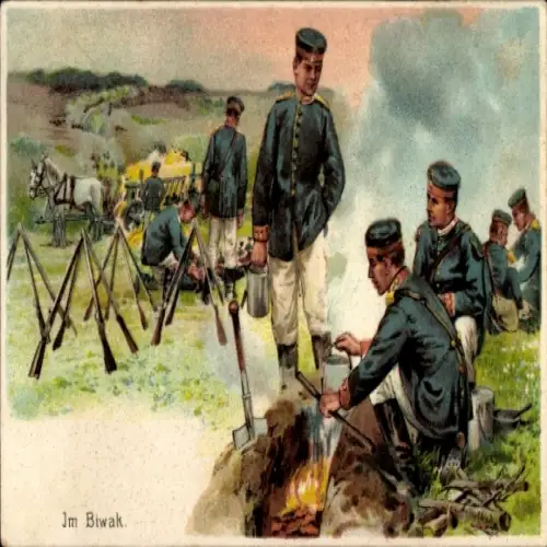 Litho Deutsche Soldaten, im Biwak, Lagerfeuer