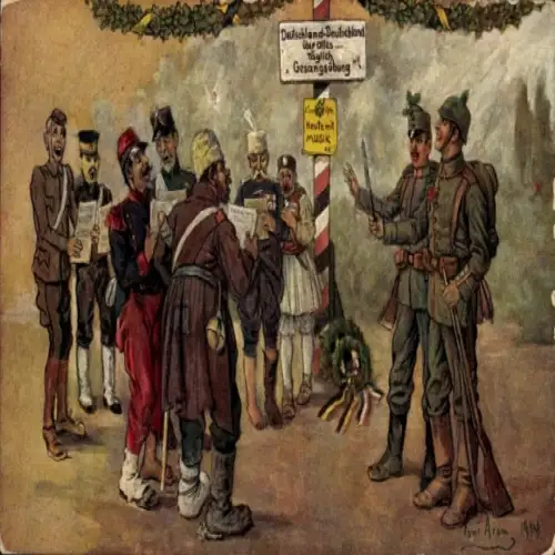 Künstler Ak Aram, Toni, Deutschland über alles, Gesangsübung mit Kriegsgefangenen, 1914