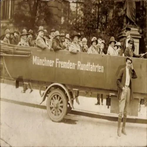 Foto Ak Münchner Fremden-Rundfahrten, Reklame