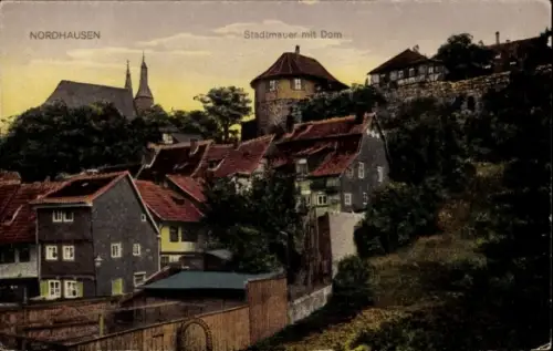 Ak Nordhausen am Harz, Stadtmauer, Dom, Häuser mit roten Dächern, Nordhausen