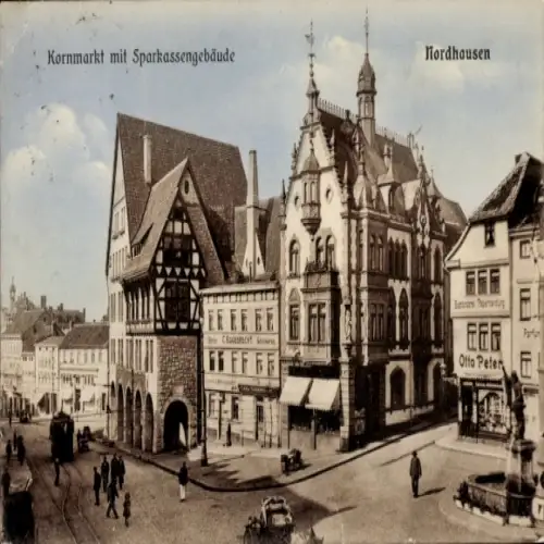 Ak Nordhausen am Harz, Kornmarkt, Sparkassengebäude, r Stil, Straßenansicht