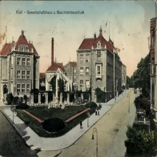 Ak Kiel, Gewerkschaftshaus, Maschinenbauschule, Straßenansicht, Pflanzenbeete,  Architektur